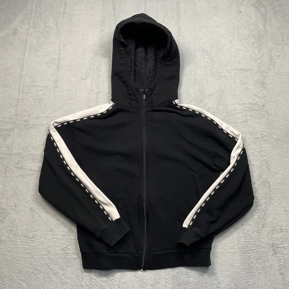 PINK Victoria's Secret Zip Hoodie Women Medium Black Sherpa Hood white Stripe - Picture 1 of 11